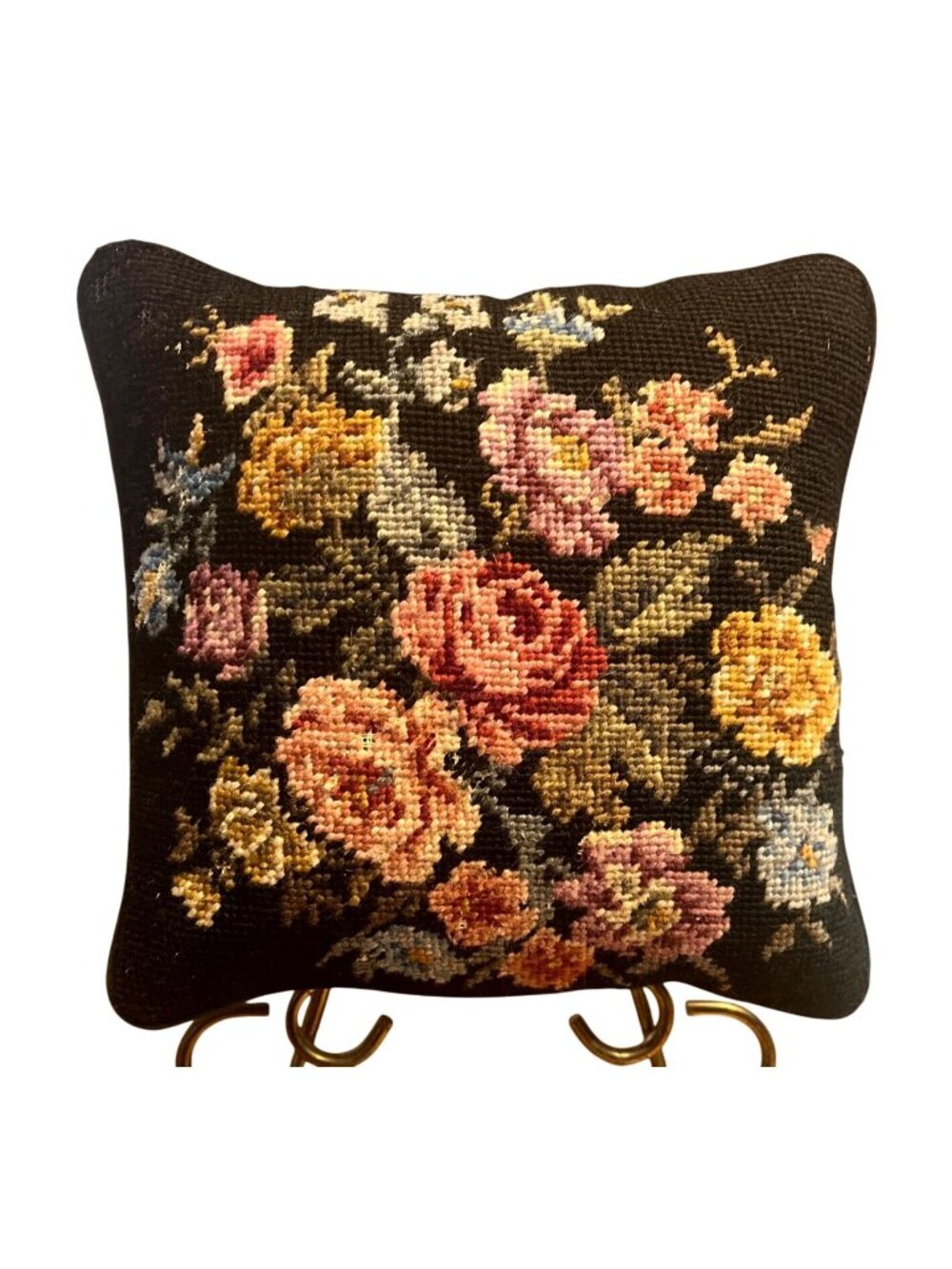 Vtg Needlepoint Floral Pillow Hand Stitched 9x8" Black Velvet Backing Zipper Clo